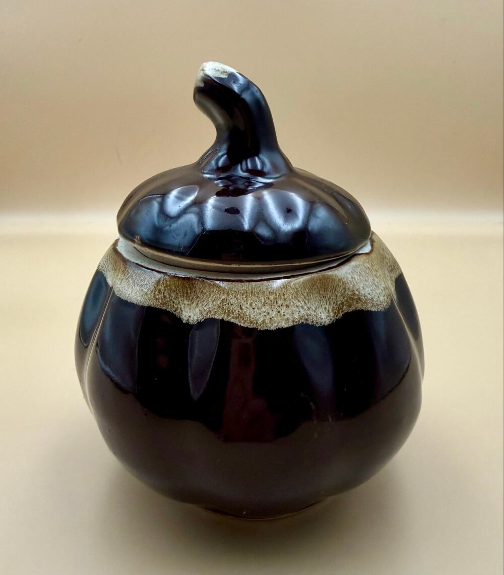 Vintage Studio Pottery Lidded Jar Tenmoku Drip Glaze Signed Monogram Stoneware